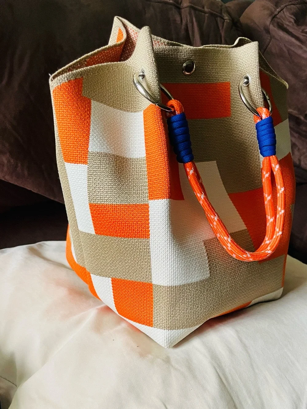 Canvas Tote Bag in Orange, White & Tan